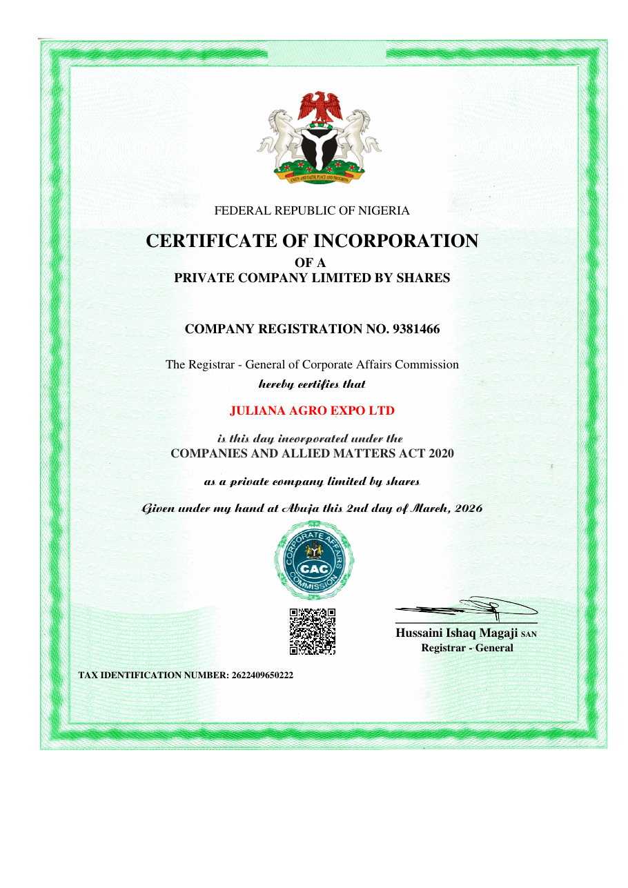 Certificate of Incorporation issued by the Corporate Affairs Commission of Nigeria