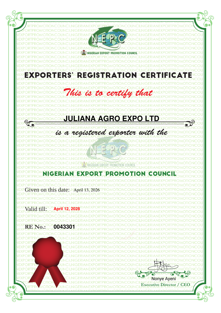 Exporters' Registration Certificate issued by the Nigerian Export Promotion Council